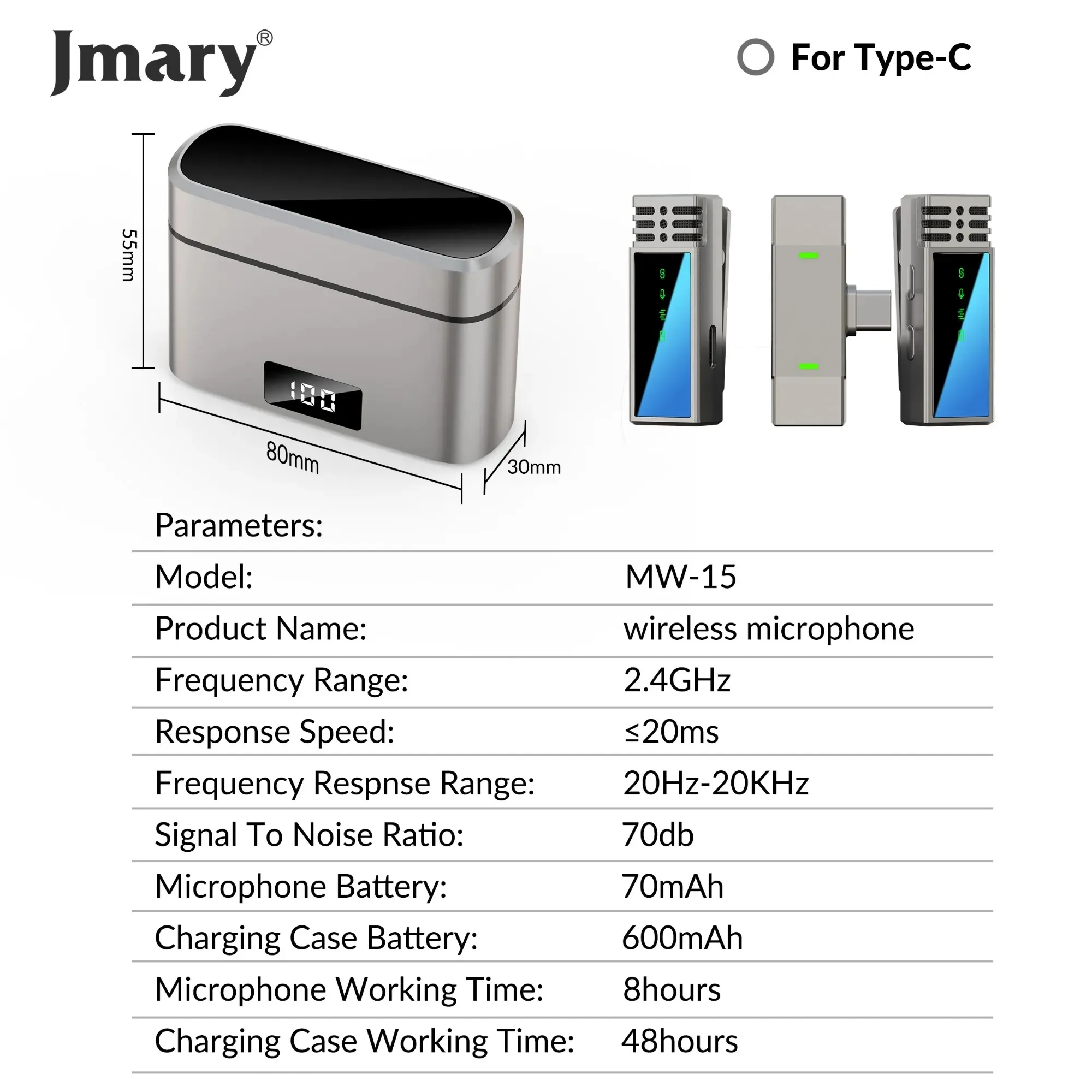 Jmary MW-15 ওয়্যারলেস মাইক্রোফোন | Dual Mic | টাইপ-C মোবাইলের জন্য 2.4G মাইক্রোফোন